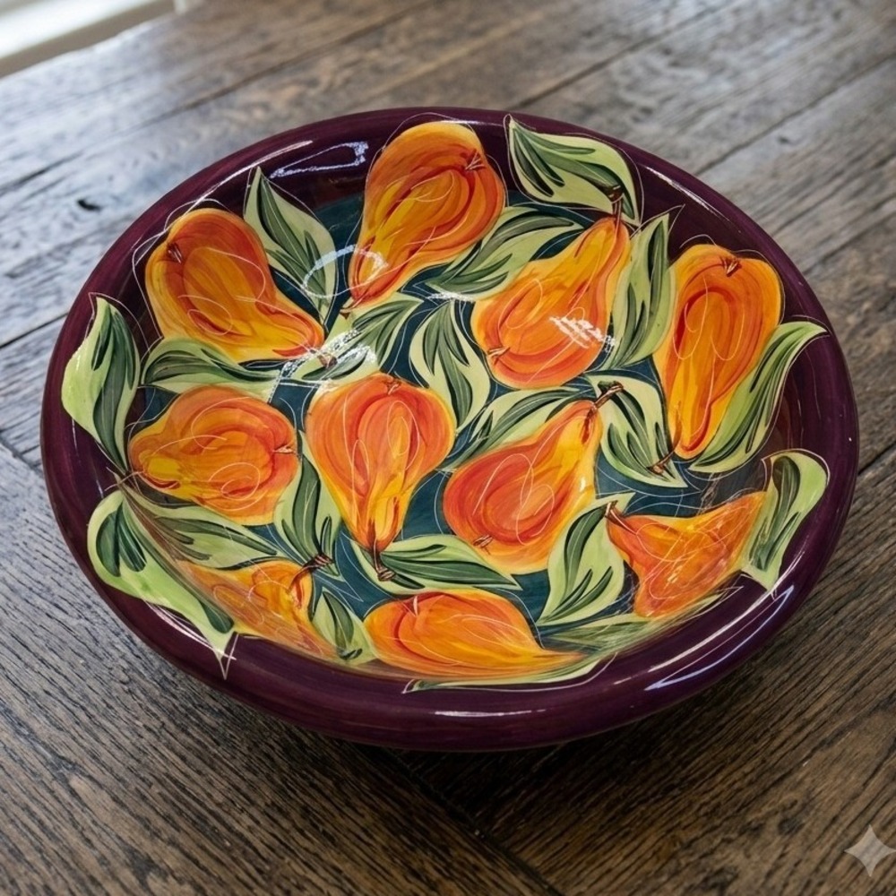 Mystic Mud Studio 1997 Hand Painted Pear Ceramic Serving Bowl Hood River Oregon